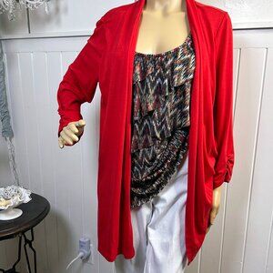 2 in 1~Ruffled inner Shell Red Outer by I.N. Studio  XL ¾ Ruched Sleeves